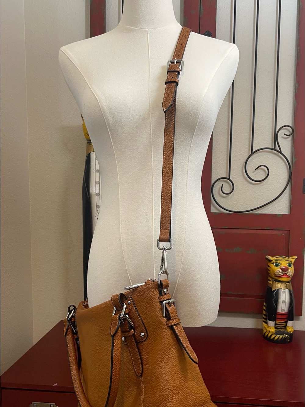 HESHE Cognac Genuine Leather Satchel Shoulder Crossbody Bag - Picture 2 of 11